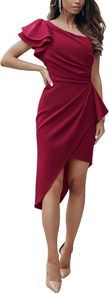 BTFBM Women 2024 Summer Fashion Elegant One Shoulder Cocktail Dress Ruffle Sleeve Wrap Ruched Bodycon Short Party Dresses