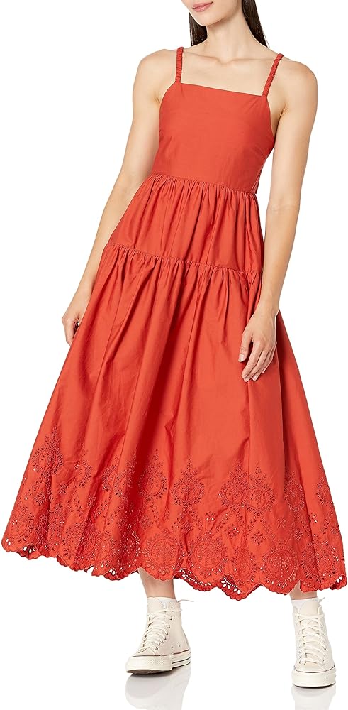 MOON RIVER Women's Tiered Shirred Back Tie Cut-Out Eyelet Midi Dress