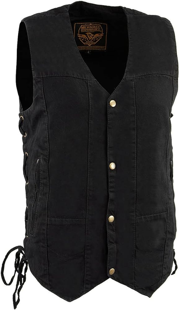 Milwaukee Leather DM1990 Men's Black 10 Pocket Side Lace Denim Vest