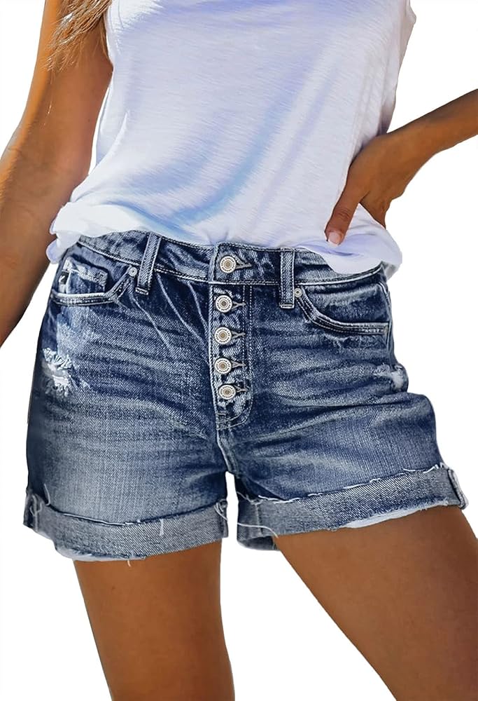 Pink Queen Women's High Waisted Denim Shorts Casual Ripped Summer Hot Short Jeans Frayed Distressed Jeans Shorts with Pockets