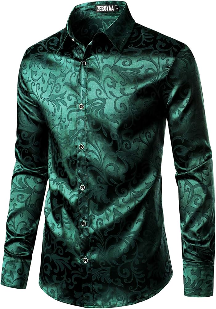 ZEROYAA Men's Luxury Jacquard Long Sleeve Dress Shirt Shiny Satin Slik Like Wedding Party Prom Shirts