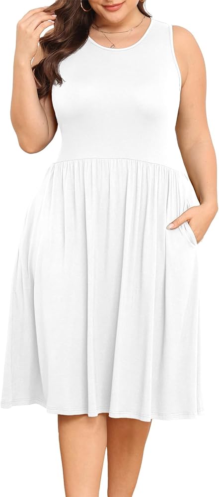 POSESHE Womens Plus Size Dress 2024 Summer Round Neck Sleeveless Casual Empire Waist Loose Fit Swing Tank Dress with Pockets