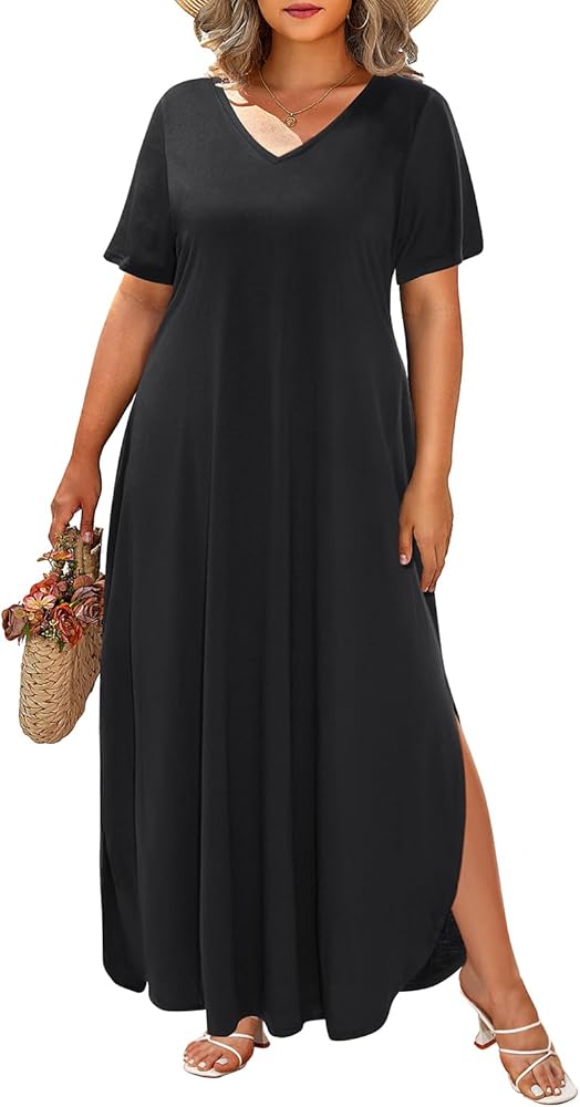 Pinup Fashion Women's Plus Size Maxi Dresses V Neck Casual Short Sleeve Loose T-Shirt Slits Long Dress with Pockets