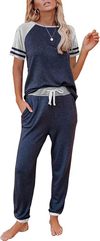 AUTOMET Lounge Sets For Women Two Piece Outfits Loungewear Short Sleeve Crewneck Jogger Pajama Set and Sweatpants Tracksuit