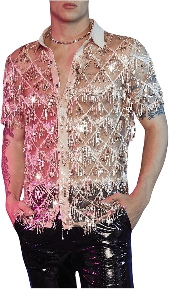 WDIRARA Men's Sequin Decor Fringe Button Front Shirts Short Sleeve Sheer Party T Shirt