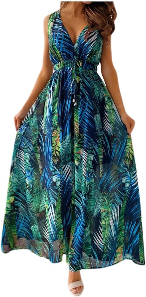 Boho Dresses for Women 2024 Summer Floral Print V Neck Maxi Wrap Dress Hawaiian Beach Tropical Flowy Dress