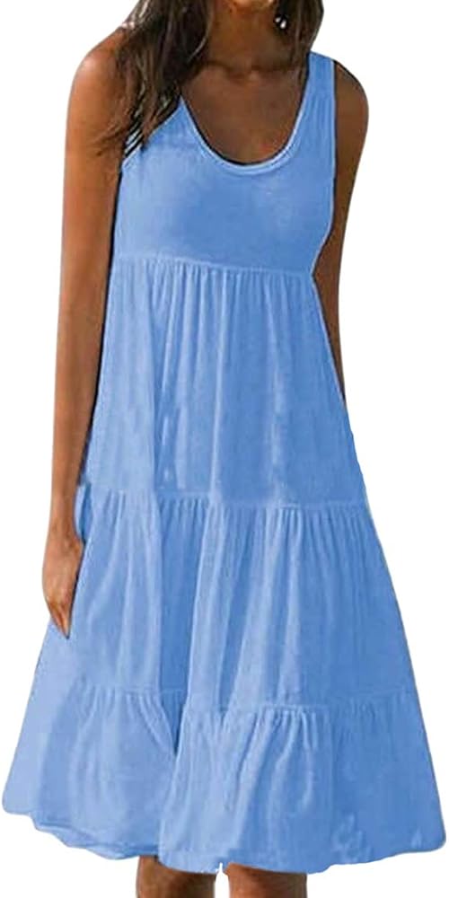 YMING Womens Sleeveless Beach Swing Dress Casual Scoop Neck Pleated Sundress Summer Ruffle Tank Dresses