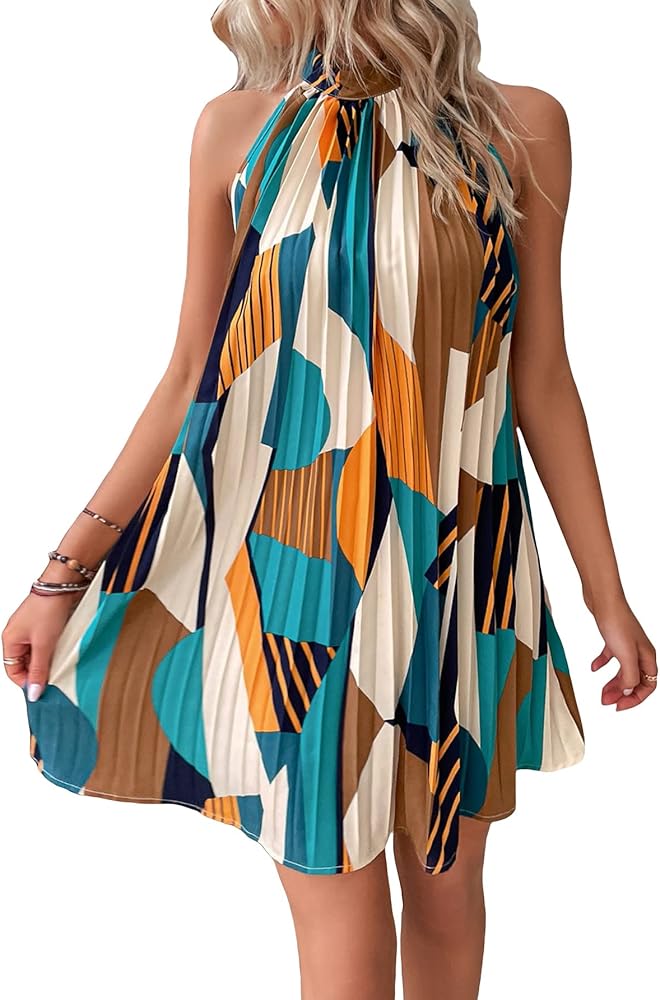 SHENHE Women's Pleated Graphic Print Halter Tie Back Sleeveless Boho Casual Dress