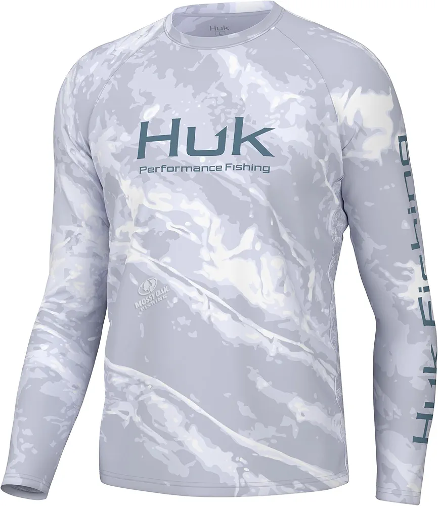 HUK Men's Standard Pursuit Pattern Crew Sleeve, Performance Shirt, Mossy Oak-Stormwater Bonefish