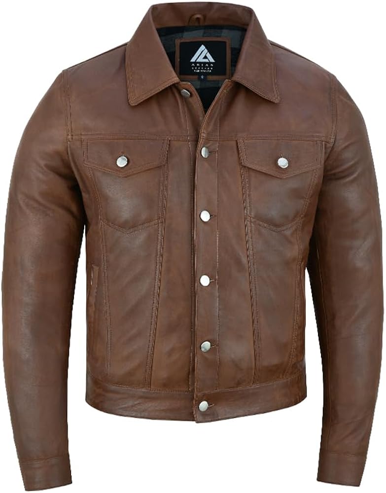 ARIAN Men's Sheepskin Leather Trucker Jacket Shirt Premium Quality