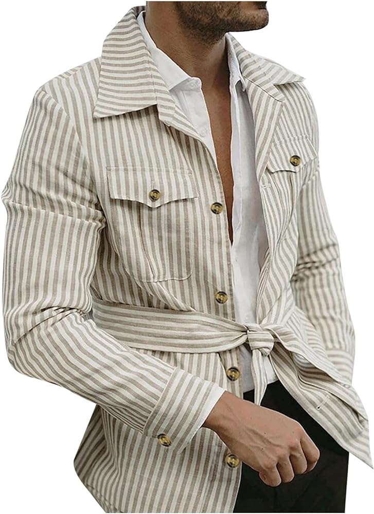 Safari Jacket Men Belted Long Sleeve Button Down Corduroy Shirt Jacket Striped Midi-Length Cotton Coat with Pockets