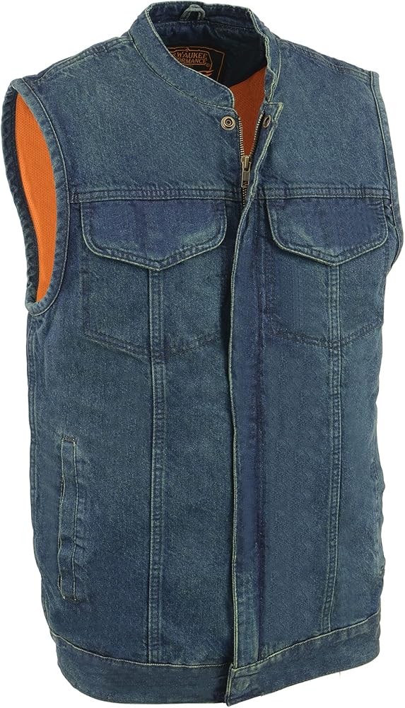 Milwaukee Leather Men's Blue Concealed Snap Denim Club Style Vest w/Hidden Zipper MDM3000