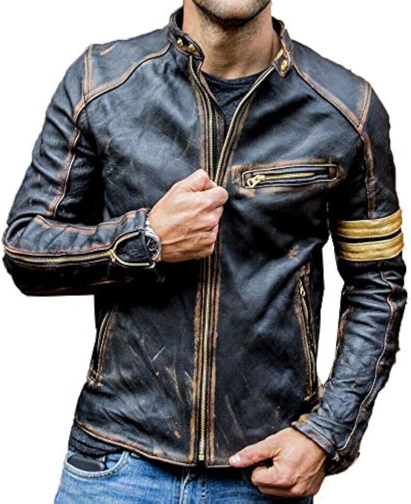 Mens Vintage Cafe Racer Motorcycle Distressed Biker Leather Jacket