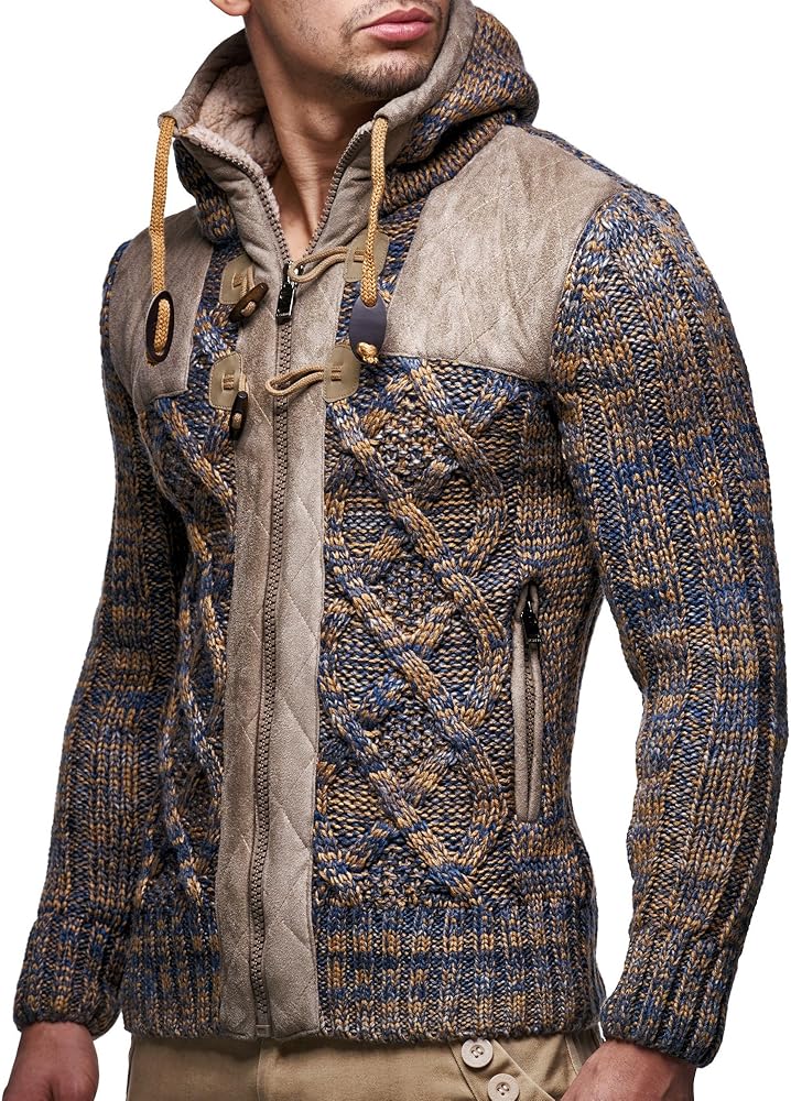 Leif Nelson LN20525 Men's Knit Zip-up Jacket With Geometric Patterns and Leather Accents