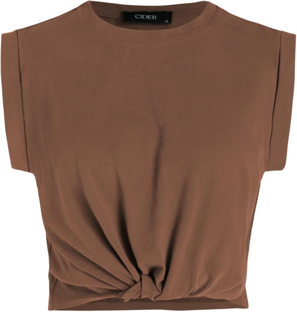 CIDER Solid Round Neckline Twist Short Sleeve Crop Top