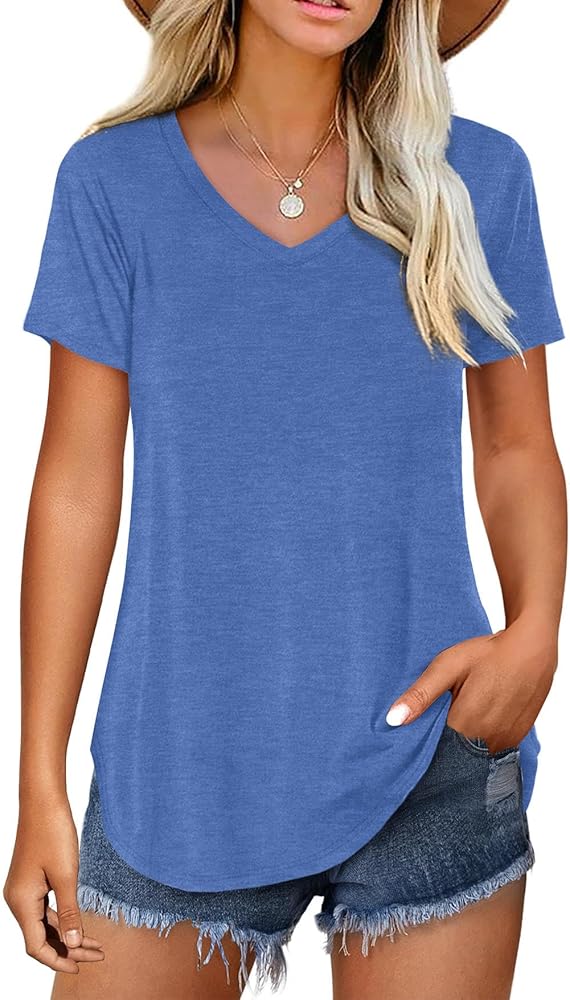 Amoretu Women V Neck T-Shirt Casual Short Sleeve Plain Tee Shirts Blouses