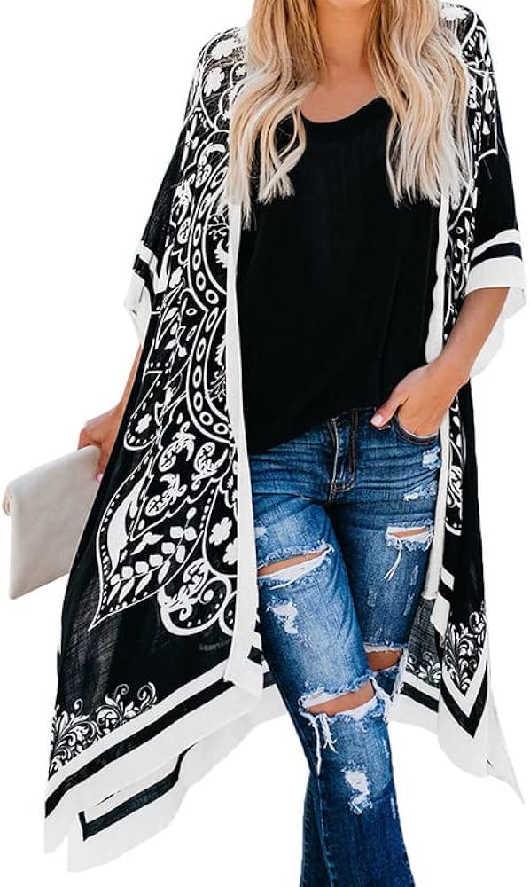 Dokotoo Womens 2024 Fashion Print Kimono Tassel Casual Cardigan Loose Cover up