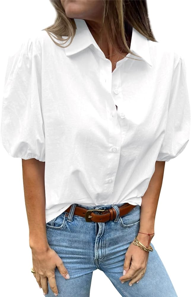 Tankaneo Women's Button Down Shirts Short Puff Sleeve Collared Dressy Casual Blouse Tops