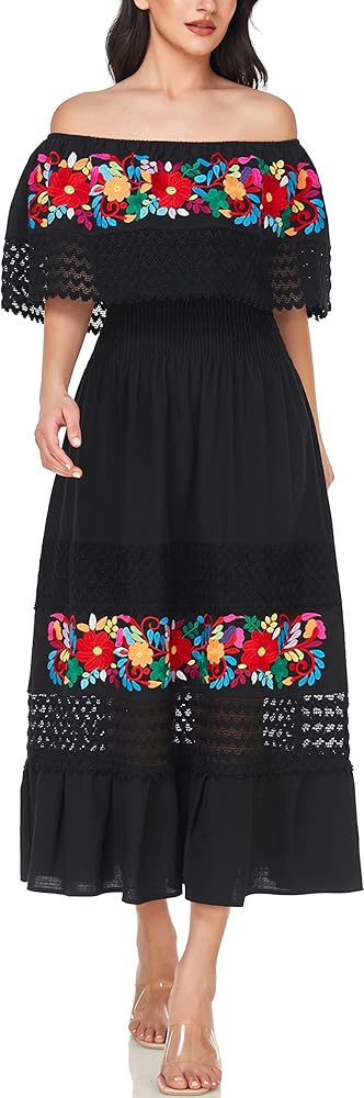 YZXDORWJ Women Embroidered Mexican Present Casual Sexy Lace Off-Shoulder Long Dress