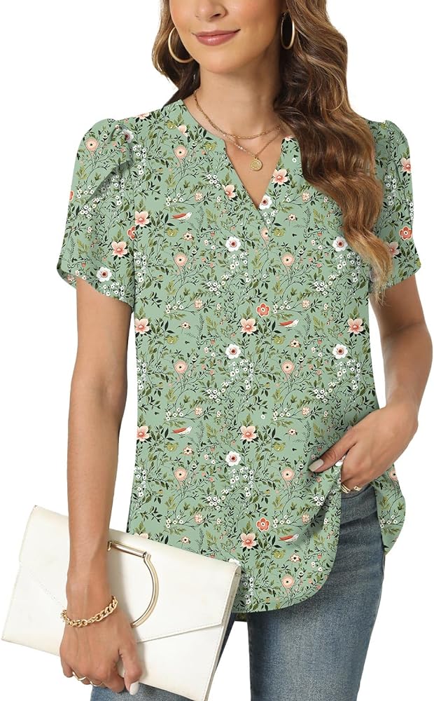 Anyally Women's V Neck Short Sleeve Chiffon Blouses Casual Shirts Flowy Tunics Tops