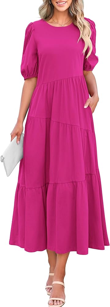 BTFBM Women's Summer Casual Puff Short Sleeve Crew Neck Swing Dress Tiered Flowy Beach Midi Dresses with Pockets