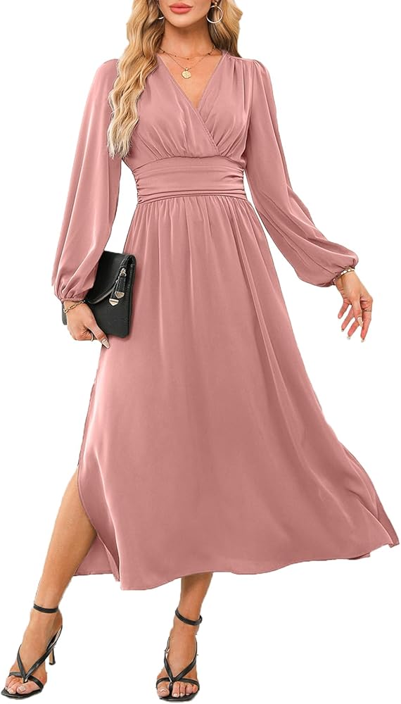 Dokotoo Womens Wrap V-Neck Empire Waist Dress Lantern Sleeve Ruched Side Slit Elegant Maxi Dress