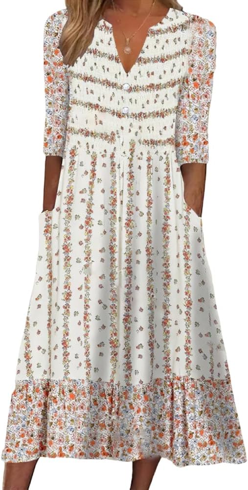 Akivide Womens Summer Boho V Neck Floral Print Half Sleeve Dress Casual Button Midi Dresses for Women with Pockets 2024