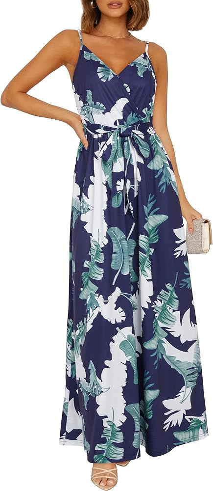 OUGES Womens Summer Maxi Dress V Neck Floral Adjustable Spaghetti Strap Beach Dresses with Pockets