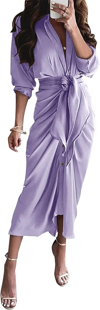 BTFBM Women Long Sleeve Satin Dress 2024 Spring Summer Lapel V Neck Button Down Belted Elegant Ruched Maxi Shirt Dresses