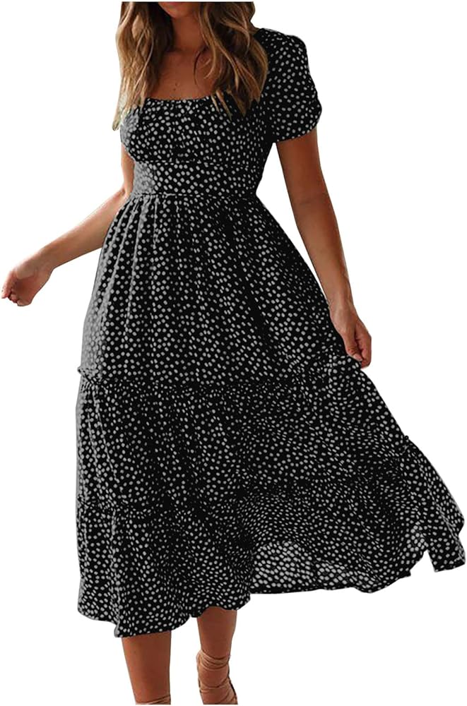 womens beach vacation summer dresses polka dot high waist tiered flowy long dresses trendy casual resort wear clothes