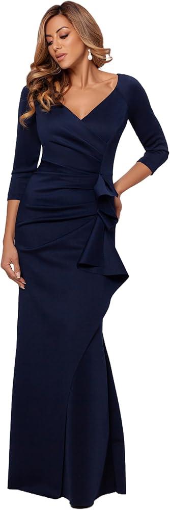 Xscape Women's Long 3/4 Sleeve V-Neck Side Ruched Gown (Reg and Petite)