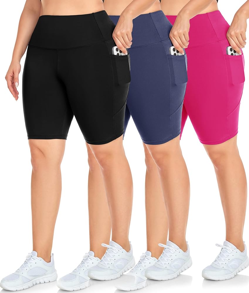 NEW YOUNG 3 Pack Plus Size Biker Shorts with Pockets for Women-High Waisted 8" Yoga Pants Workout Shorts