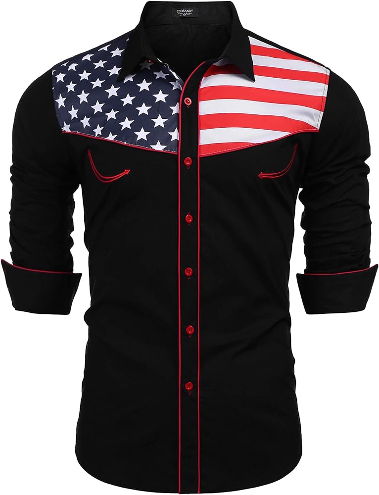 COOFANDY Men's Casual American Flag Button Down Shirts Slim Fit Long Sleeve Shirt