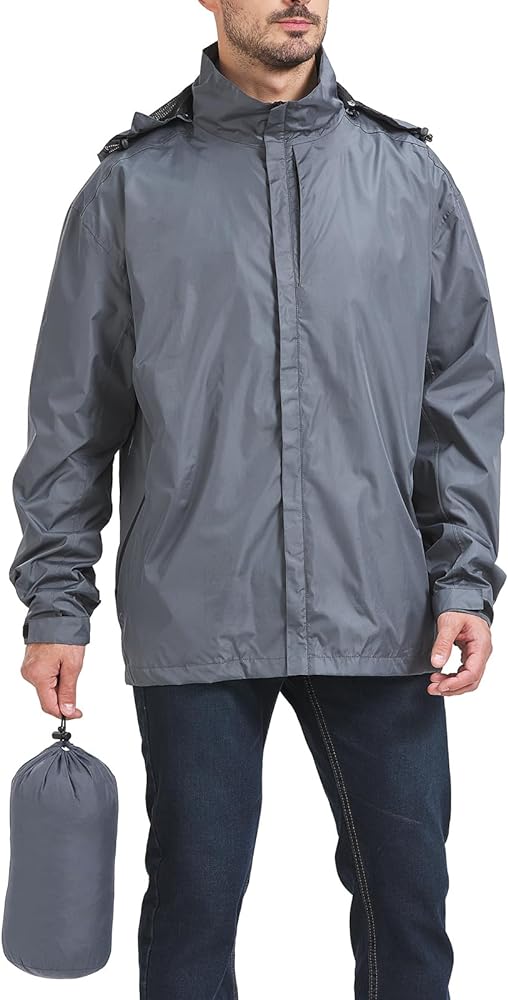 Men's Rain Jacket Waterproof Packable Outdoor Classic Lightweight Raincoat Hooded Windbreaker