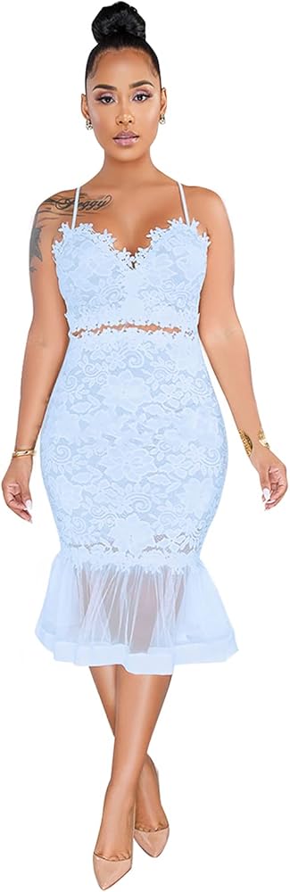 Salimdy Women Sexy Floral Lace Mesh Sheer Hollow Out Deep V Neck Spaghetti Strap Bodycon Pencil Mermaid Midi Dress