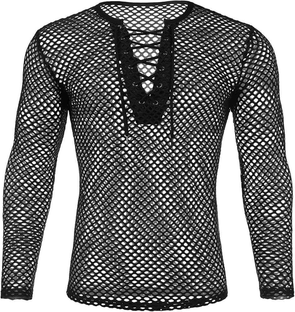 COOFANDY Mens Sexy Lace up See Through Long Sleeve T Shirt Mesh Undershirts