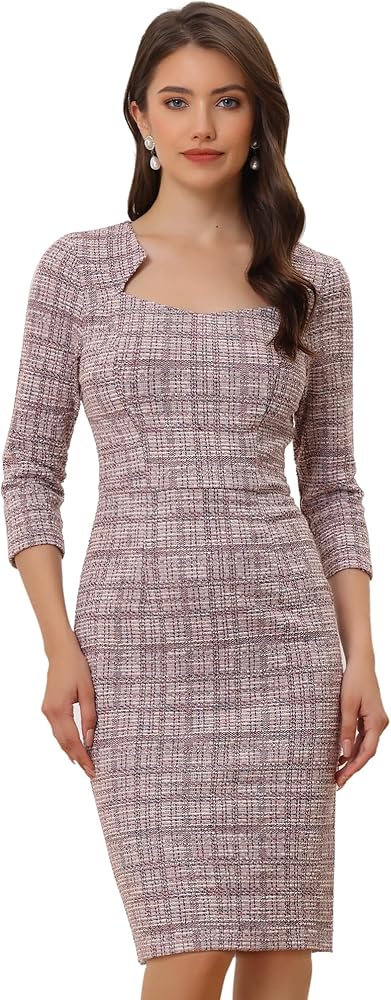 Allegra K Elegant Work Dress for Women 3/4 Sleeve Plaid Tweed Bodycon Dresses