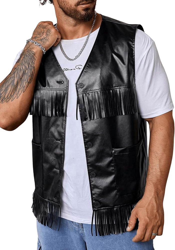 WDIRARA Men's Fringe Trim Pu Leather V Neck Sleeveless Button Party Vest Jacket with Dual Pockets