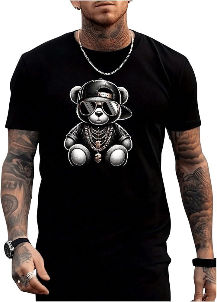 GORGLITTER Men's Bear Graphic Round Neck Tees Top Short Sleeve Oversized Casual Summer T Shirt