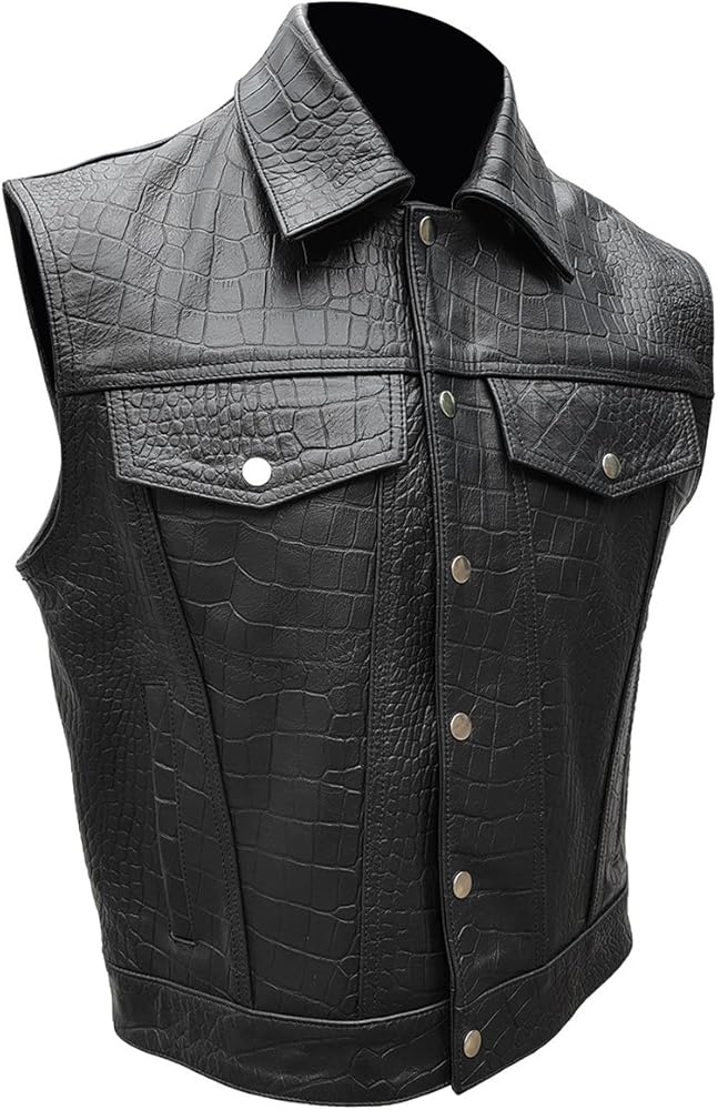 Mens Black Alligator/Crocodile Leather Motorcycle Biker Style Vest Waistcoat