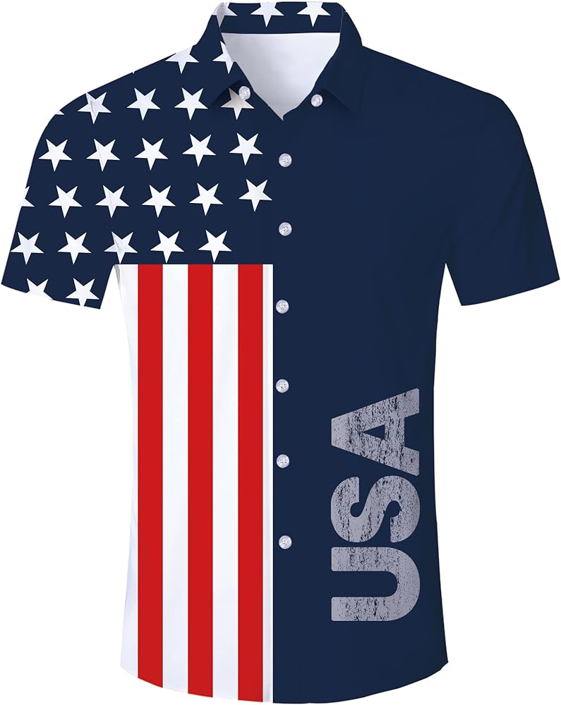 RAISEVERN Patriotic Shirts for Men 4th of July America Flag Hawaiian Shirt Button Down Short Sleeve