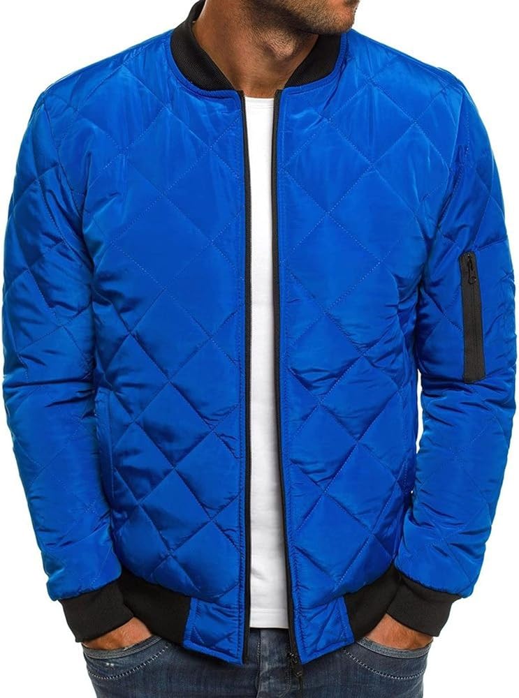 SHOPESSA Men's Winter Coat Casual Mock Neck Zip Up Down Jacket Padded Bomber Jacket Men Relaxed Fit Diamond Quilted Jackets