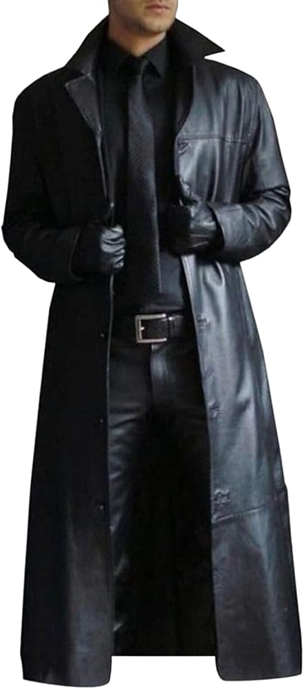 Mens Leather Trench Coat Full Length Vintage Classic Faux Leather Long Leather Jacket Winter Overcoat