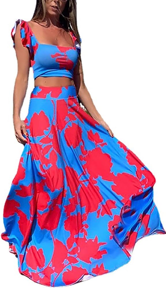 Vakkest Womens Summer Sexy 2 Pieces Outfits Ruffle Floral Tank Top Wrap Boho Tropical Long Skirt Set Clubwear Dresses