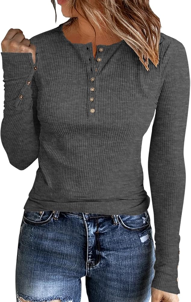 Womens Long Sleeves Ribbed Knit Tunic Shirts Scoop Neck Button Down Tops Casual Henley Tee Shirt Slim Fit Blouses