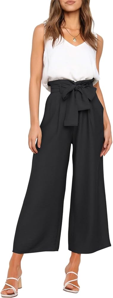 FANCYINN Womens 2 Piece Set V Neck Tank Wide Strap Tops High Waisted Cropped Paper Bag Pants with Belt