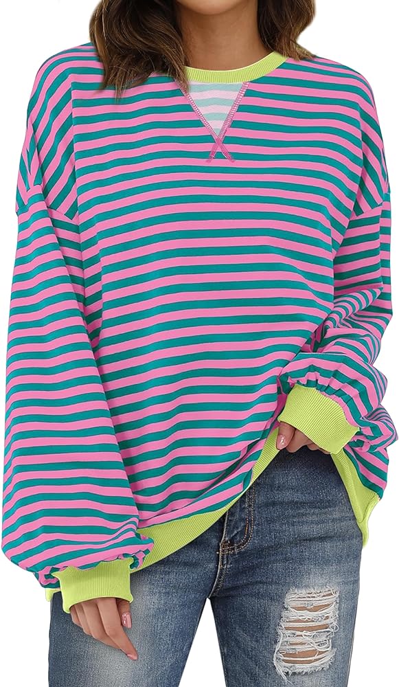 XIEERDUO Womens Crewneck Oversized Sweatshirt Striped Color Block Tops Long Sleeve Shirts Pullover Sweaters Y2K Clothes