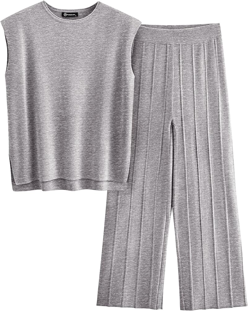 PRETTYGARDEN Women's 2 Piece Outfits Knit Loungewear High Low Pullover Tops and Wide Leg Pants Casual Sweater Sets Tracksuits