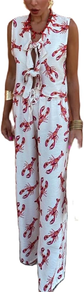 Women Y2k 2 Piece Tie Front Pajamas Set Sleeveless Lobster Print Lace Up Vest High Waist Pants Lounge Sets