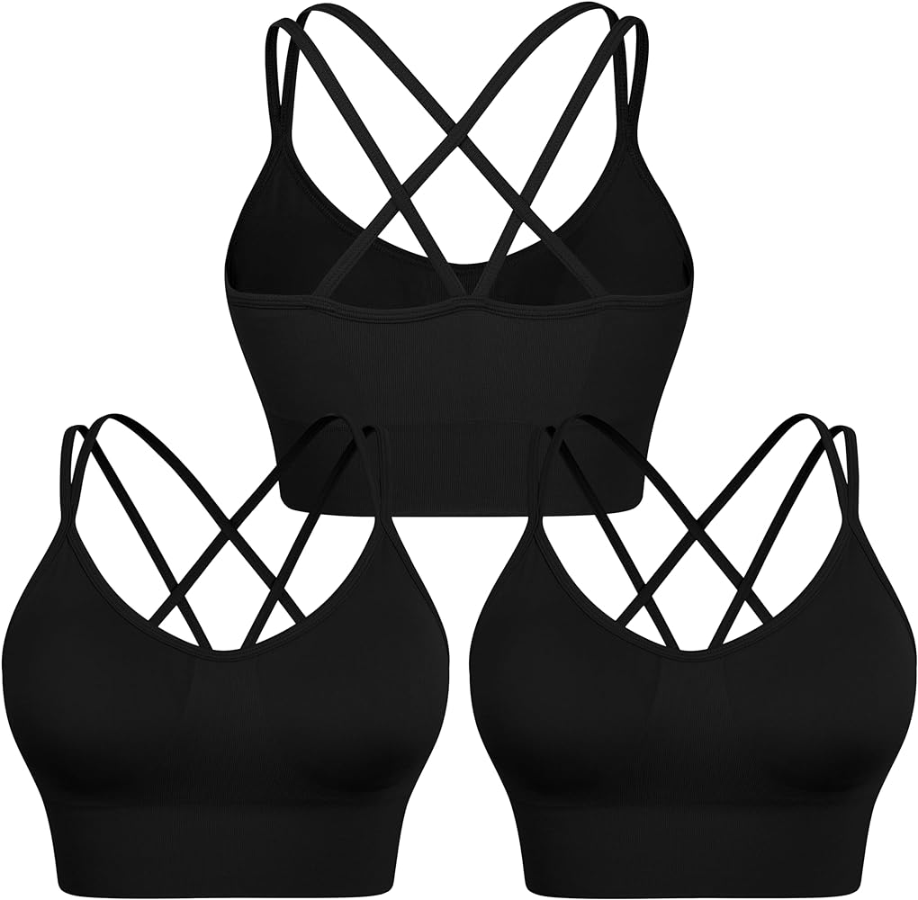 WANAYOU Women Strappy Sports Bra for Women,Cross Back Sports Bra Padded Yoga Bra 3 Pack Medium Support Workout Bra